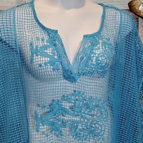 Catherines Sz 2X/3X Turquoise Slipover Open Weave Lace Caftan Blouse Fringe 524 - Picture 5 of 9